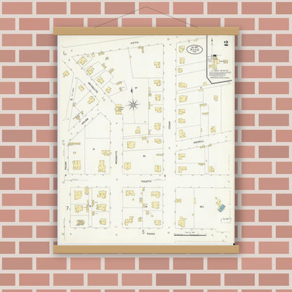 Old map wall art mockup — magnetic wood frame on brick wall — Sanborn Fire Insurance Map from Hico, Hamilton County, Texas (1907), Sheet #0002