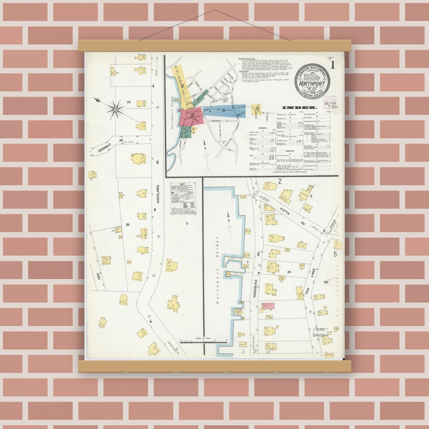 Old map wall art mockup — magnetic wood frame on brick wall — Sanborn Fire Insurance Map from Northport, Suffolk County, New York (1909), Sheet #0001
