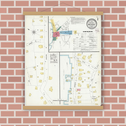 Old map wall art mockup — magnetic wood frame on brick wall — Sanborn Fire Insurance Map from Northport, Suffolk County, New York (1909), Sheet #0001