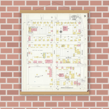 Old map wall art mockup — magnetic wood frame on brick wall — Sanborn Fire Insurance Map from Ambridge, Beaver County, Pennsylvania (1911), Sheet #0009