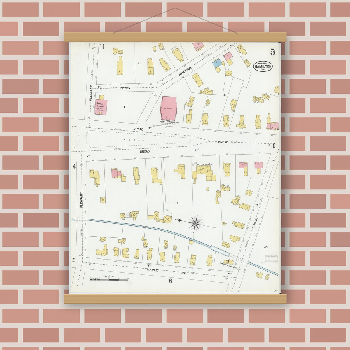 Old map wall art mockup — magnetic wood frame on brick wall — Sanborn Fire Insurance Map from Hamilton, Madison County, New York (1901), Sheet #0005
