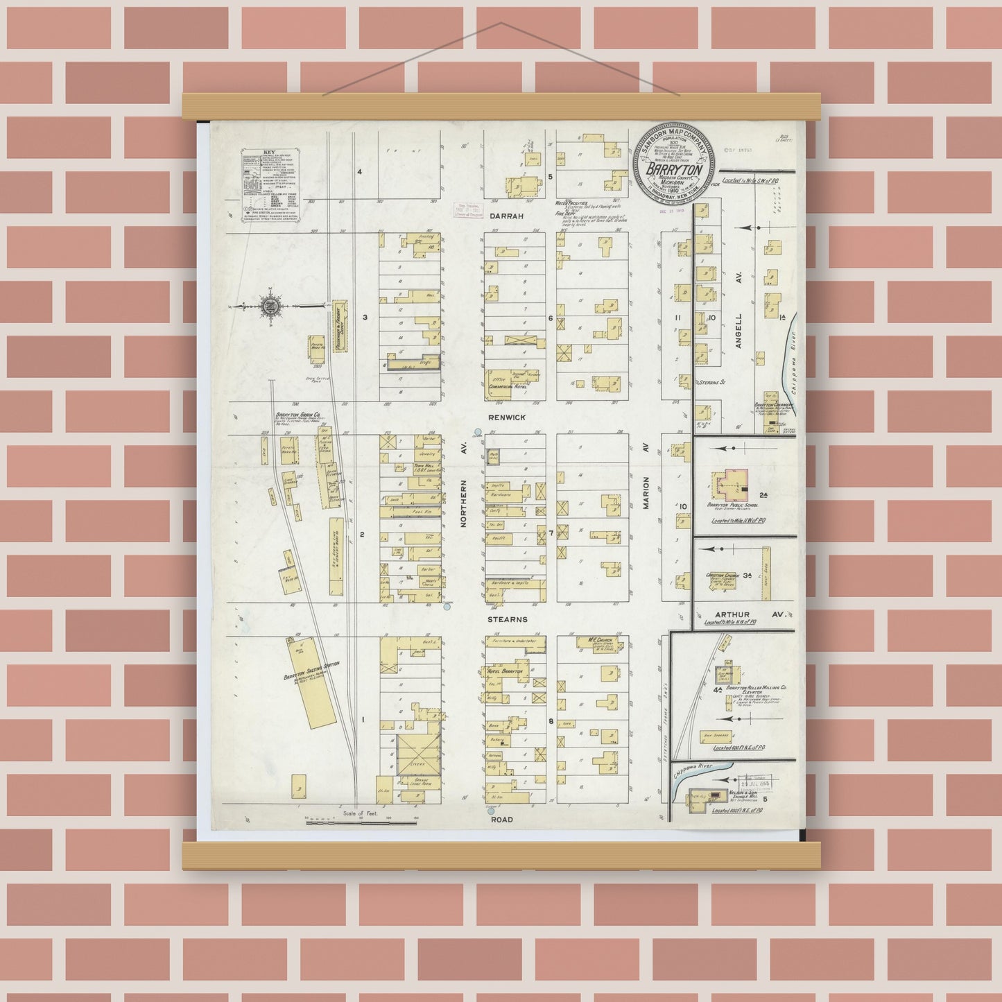 Old map wall art mockup — magnetic wood frame on brick wall — Sanborn Fire Insurance Map from Barryton, Mecosta County, Michigan (1910), Sheet #0001