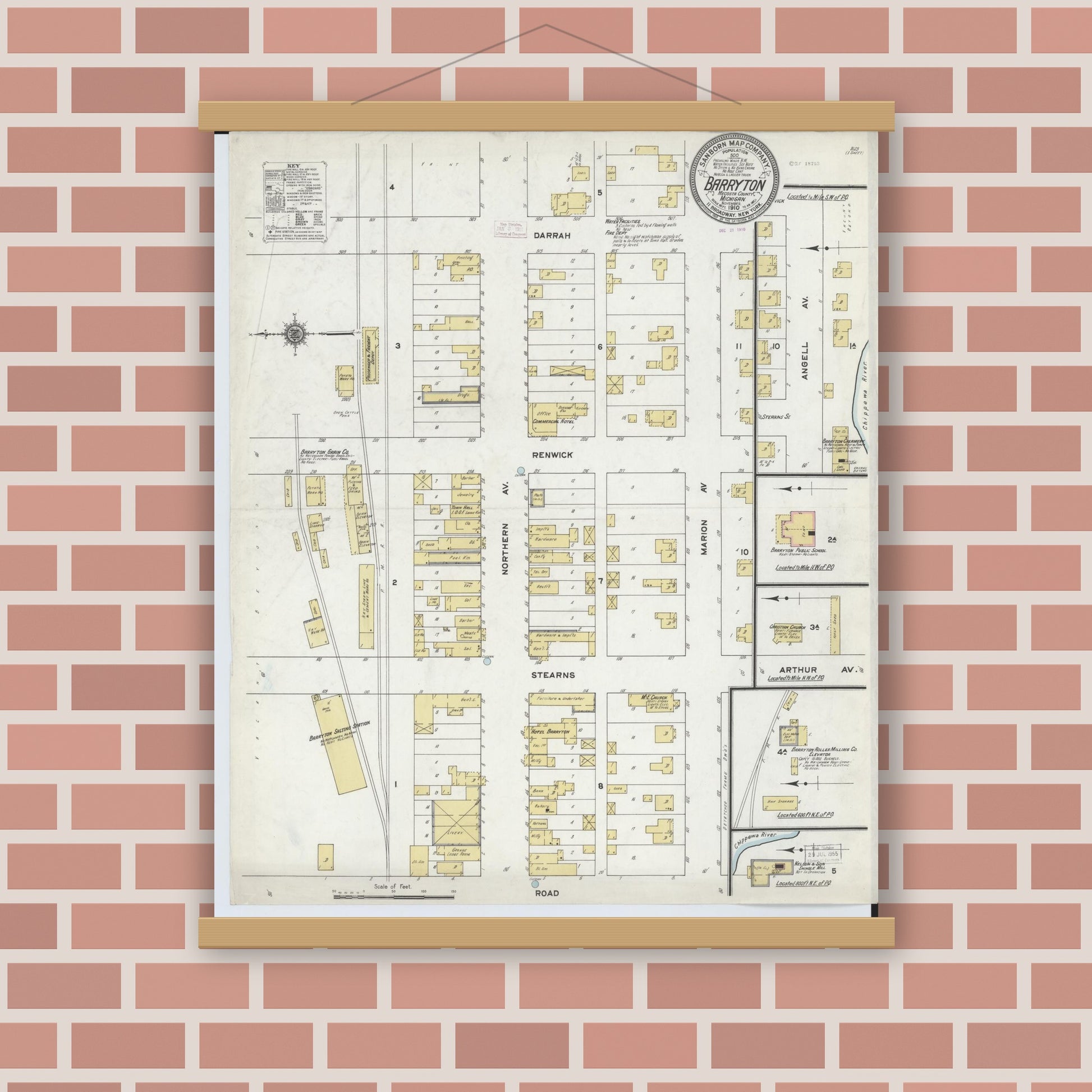 Old map wall art mockup — magnetic wood frame on brick wall — Sanborn Fire Insurance Map from Barryton, Mecosta County, Michigan (1910), Sheet #0001