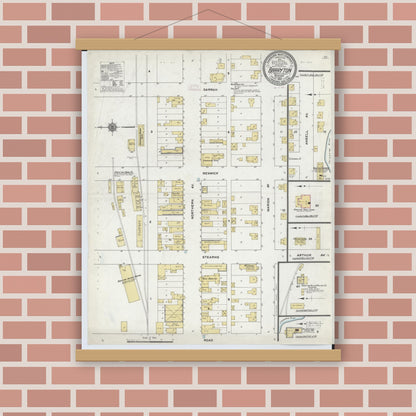 Old map wall art mockup — magnetic wood frame on brick wall — Sanborn Fire Insurance Map from Barryton, Mecosta County, Michigan (1910), Sheet #0001