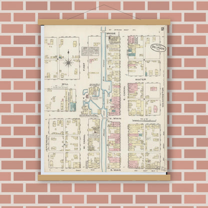 Old map wall art mockup — magnetic wood frame on brick wall — Sanborn Fire Insurance Map from Delphos, Van Wert And Allen Counties, Ohio (1884), Sheet #0002