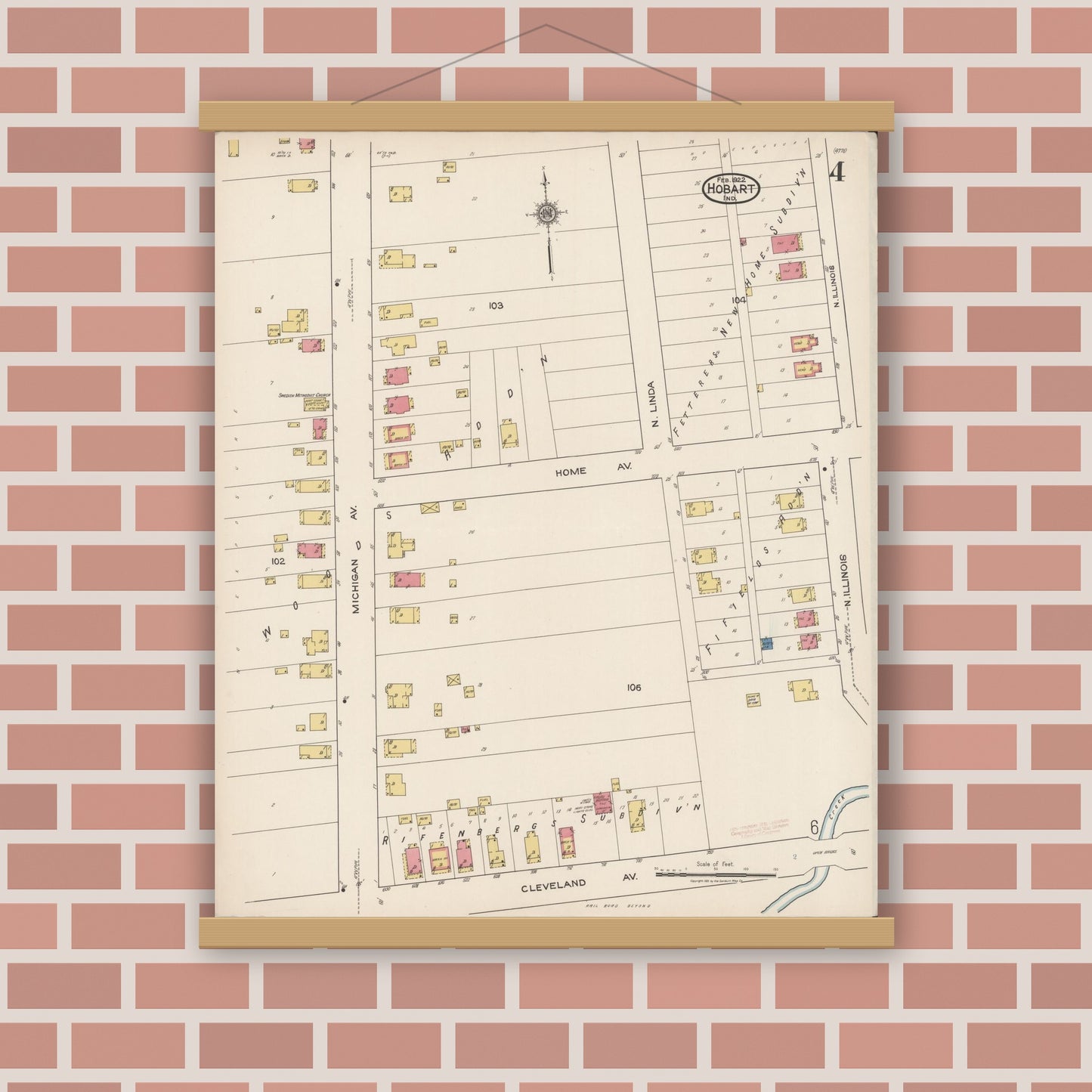Old map wall art mockup — magnetic wood frame on brick wall — Sanborn Fire Insurance Map from Hobart, Lake County, Indiana (1922), Sheet #0004
