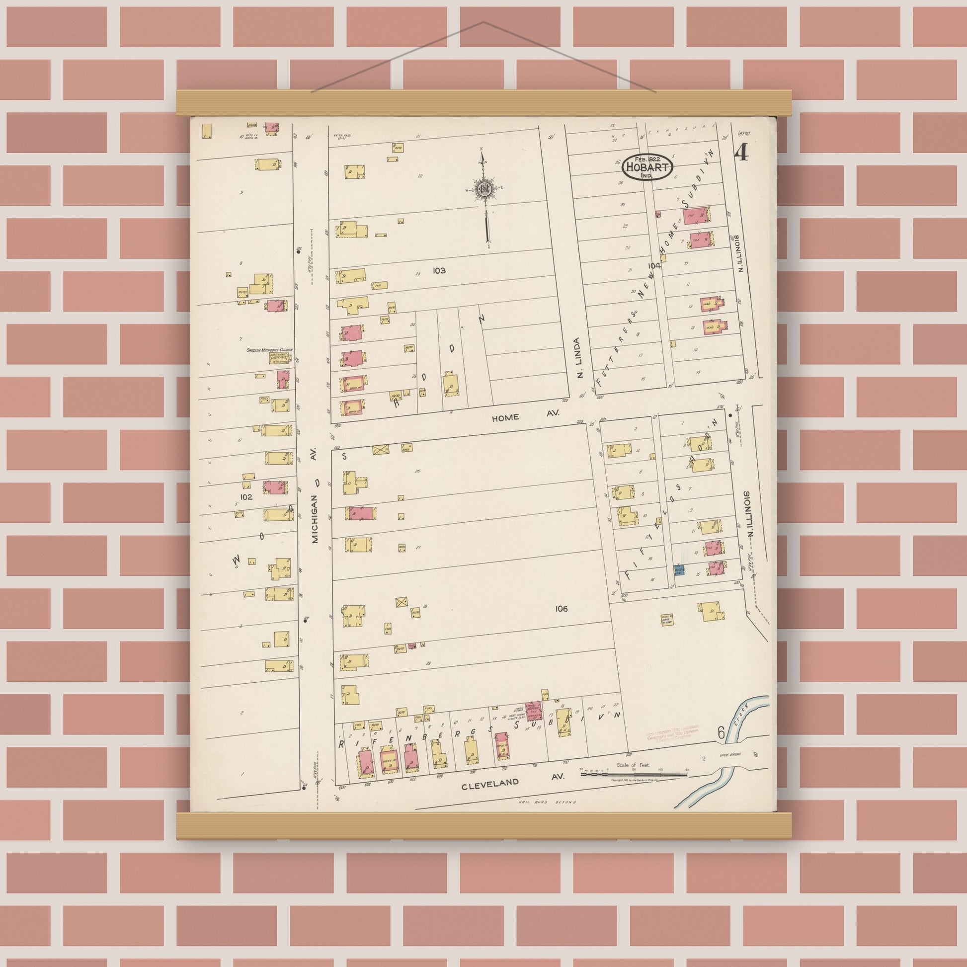 Old map wall art mockup — magnetic wood frame on brick wall — Sanborn Fire Insurance Map from Hobart, Lake County, Indiana (1922), Sheet #0004