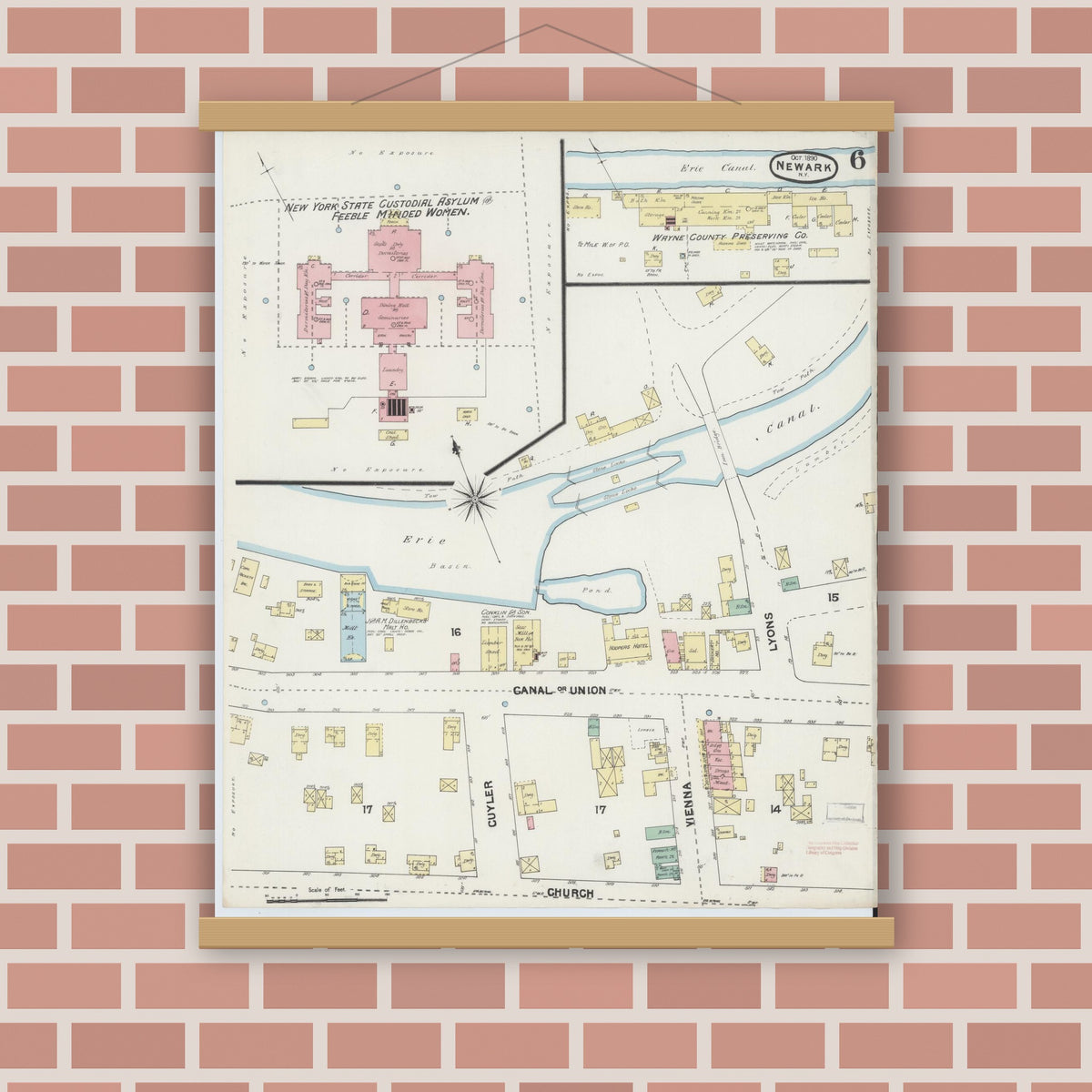 Old map wall art mockup — magnetic wood frame on brick wall — Sanborn Fire Insurance Map from Newark, Wayne County, New York (1890), Sheet #0006