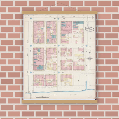 Old map wall art mockup — magnetic wood frame on brick wall — Sanborn Fire Insurance Map from Marysville, Yuba County, California (1885), Sheet #0008
