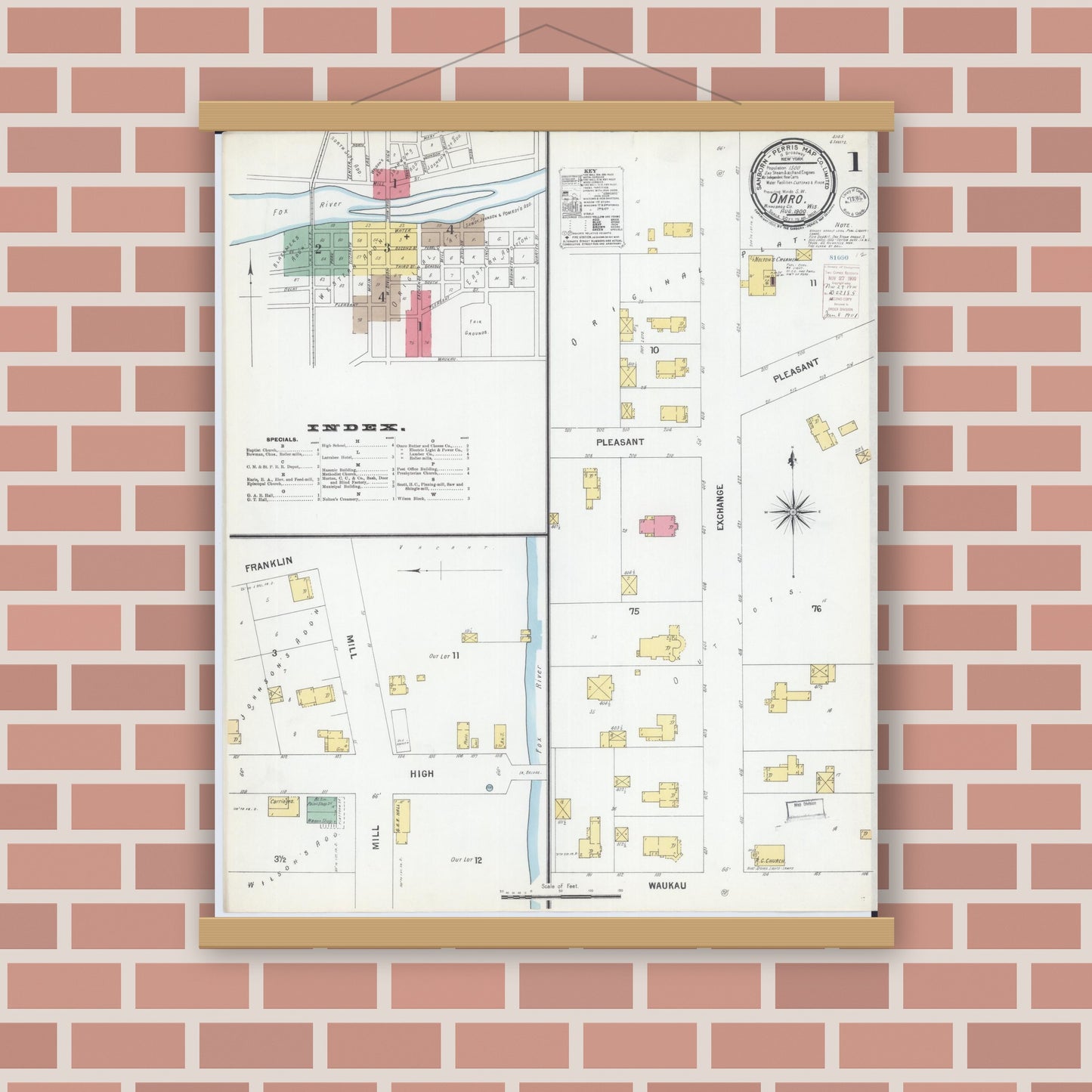 Old map wall art mockup — magnetic wood frame on brick wall — Sanborn Fire Insurance Map from Omro, Winnebago County, Wisconsin (1900), Sheet #0001