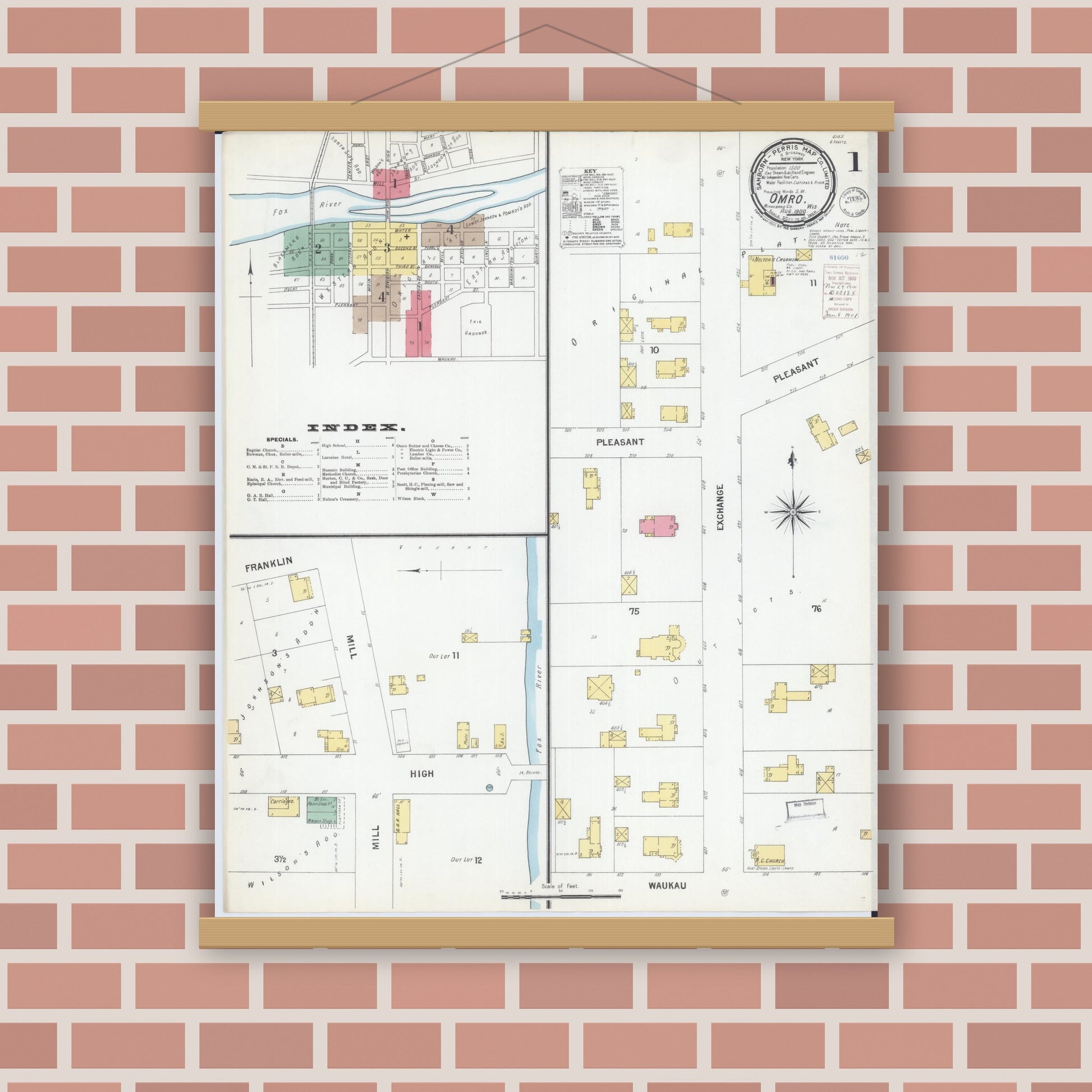 Old map wall art mockup — magnetic wood frame on brick wall — Sanborn Fire Insurance Map from Omro, Winnebago County, Wisconsin (1900), Sheet #0001