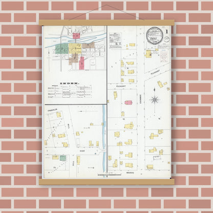 Old map wall art mockup — magnetic wood frame on brick wall — Sanborn Fire Insurance Map from Omro, Winnebago County, Wisconsin (1900), Sheet #0001