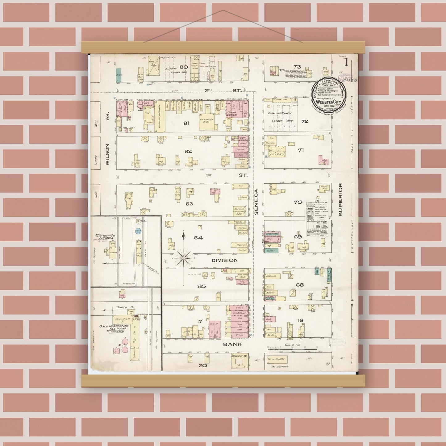 Old map wall art mockup — magnetic wood frame on brick wall — Sanborn Fire Insurance Map from Webster City, Hamilton County, Iowa (1885), Sheet #0001