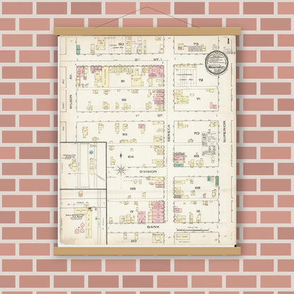Old map wall art mockup — magnetic wood frame on brick wall — Sanborn Fire Insurance Map from Webster City, Hamilton County, Iowa (1885), Sheet #0001