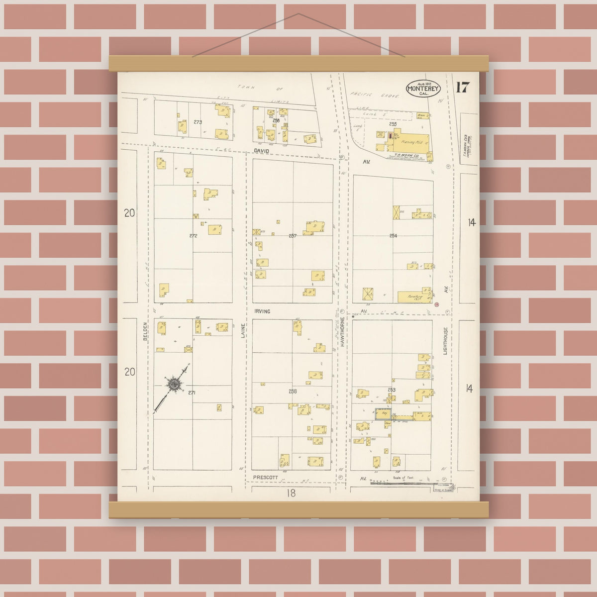 Old map wall art mockup — magnetic wood frame on brick wall — Sanborn Fire Insurance Map from Monterey, Monterey County, California (1912), Sheet #0017