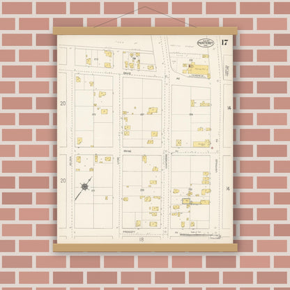 Old map wall art mockup — magnetic wood frame on brick wall — Sanborn Fire Insurance Map from Monterey, Monterey County, California (1912), Sheet #0017