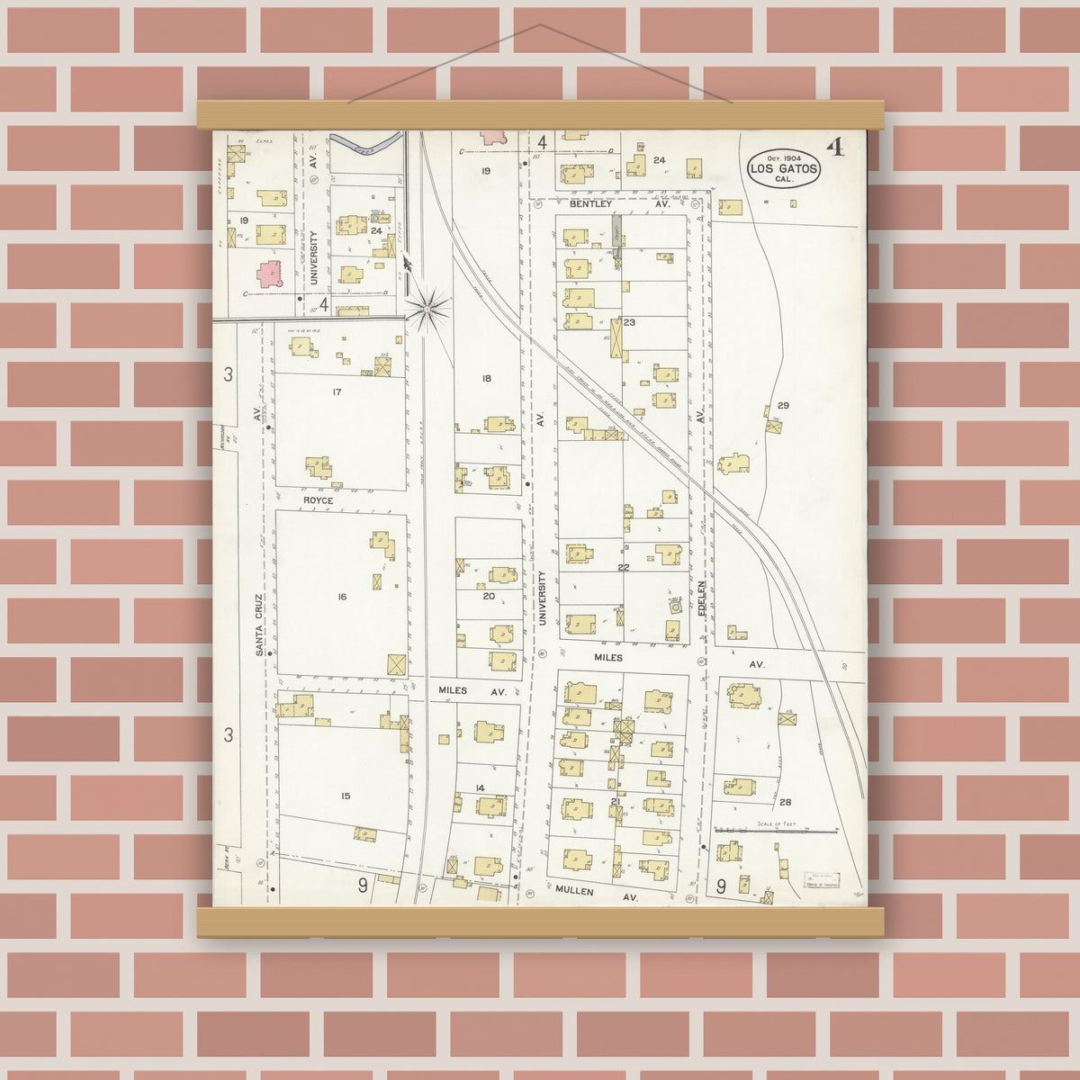 Old map wall art mockup — magnetic wood frame on brick wall — Sanborn Fire Insurance Map from Los Gatos, Santa Clara County, California (1904), Sheet #0004