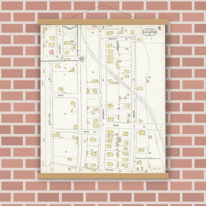 Old map wall art mockup — magnetic wood frame on brick wall — Sanborn Fire Insurance Map from Los Gatos, Santa Clara County, California (1904), Sheet #0004