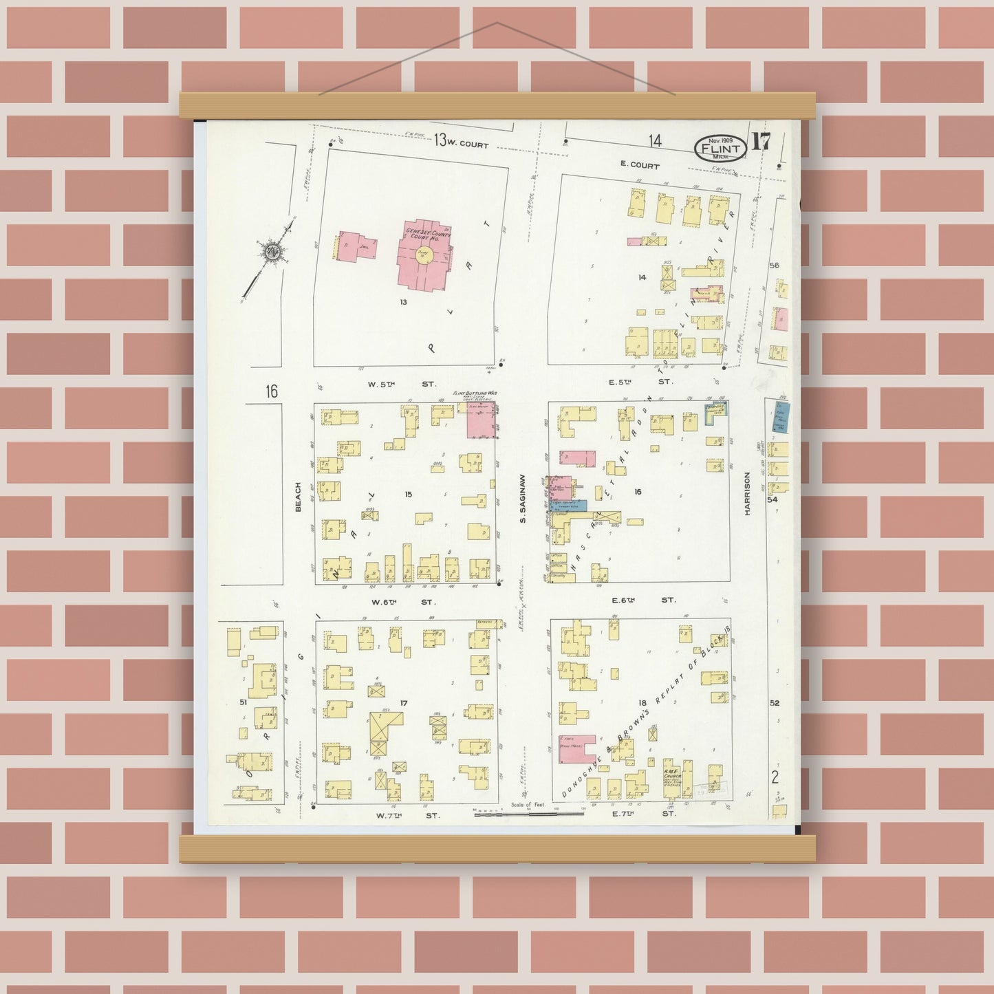 Old map wall art mockup — magnetic wood frame on brick wall — Sanborn Fire Insurance Map from Flint, Genesee County, Michigan (1909), Sheet #0017