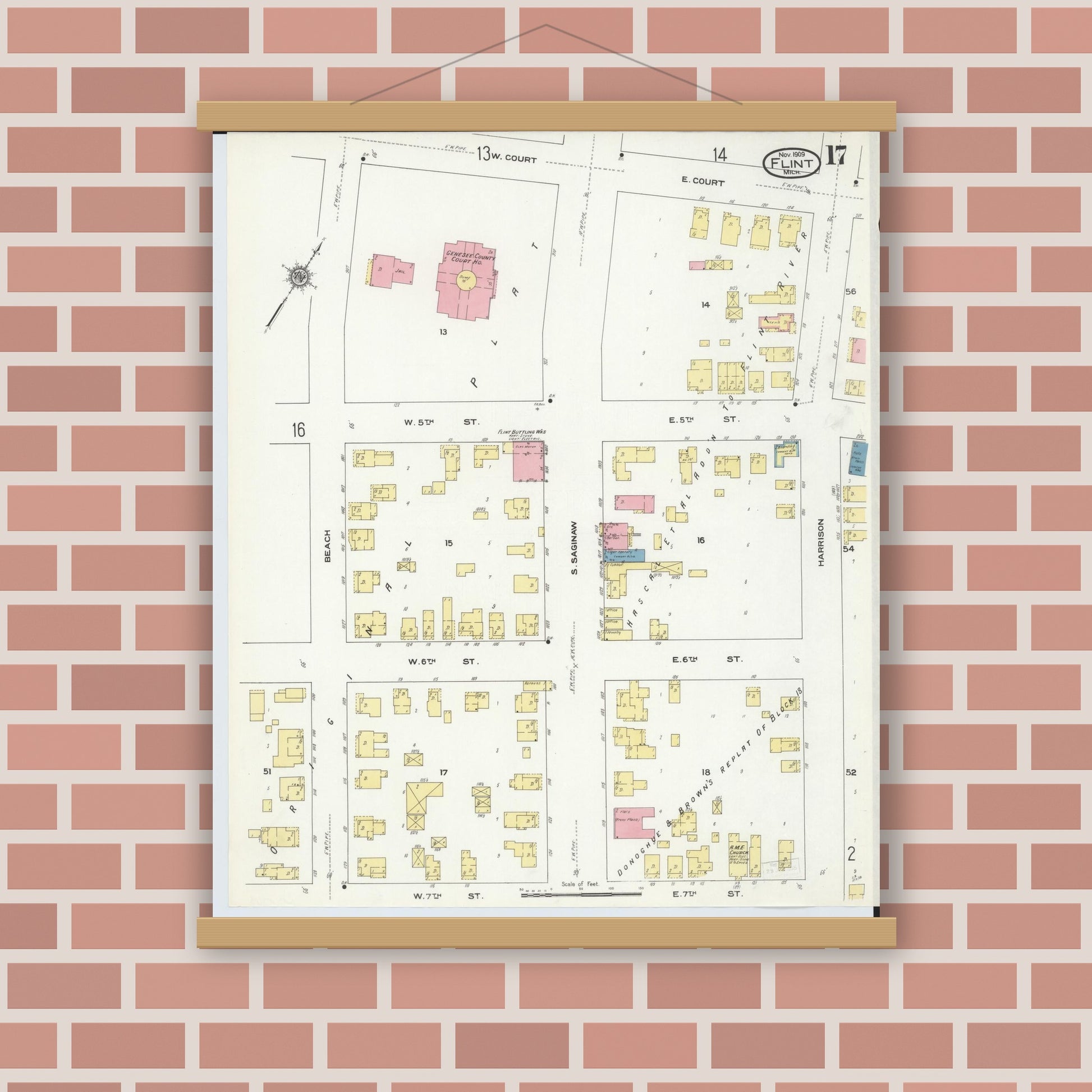 Old map wall art mockup — magnetic wood frame on brick wall — Sanborn Fire Insurance Map from Flint, Genesee County, Michigan (1909), Sheet #0017