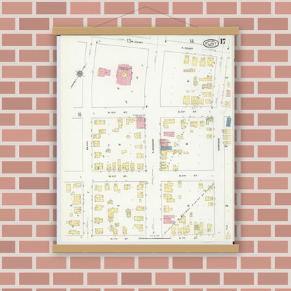 Old map wall art mockup — magnetic wood frame on brick wall — Sanborn Fire Insurance Map from Flint, Genesee County, Michigan (1909), Sheet #0017