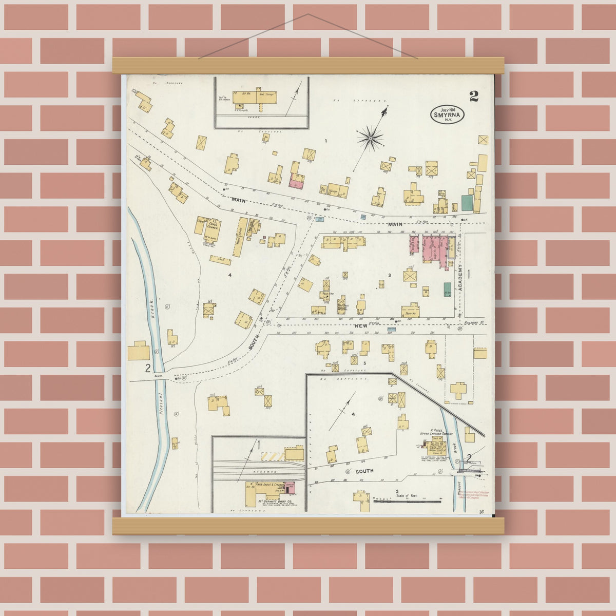 Old map wall art mockup — magnetic wood frame on brick wall — Sanborn Fire Insurance Map from Smyrna, Chenango County, New York (1906), Sheet #0002