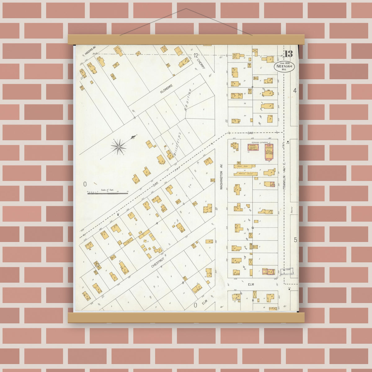 Old map wall art mockup — magnetic wood frame on brick wall — Sanborn Fire Insurance Map from Neenah, Winnebago County, Wisconsin (1906), Sheet #0013