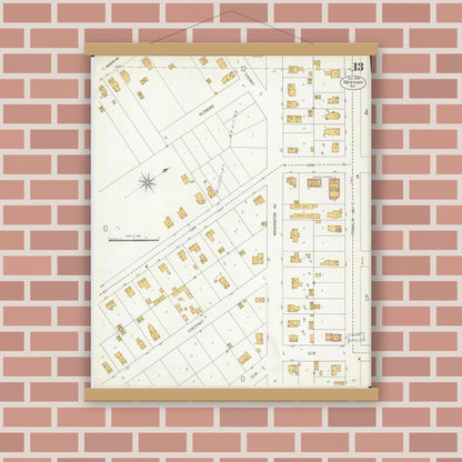 Old map wall art mockup — magnetic wood frame on brick wall — Sanborn Fire Insurance Map from Neenah, Winnebago County, Wisconsin (1906), Sheet #0013
