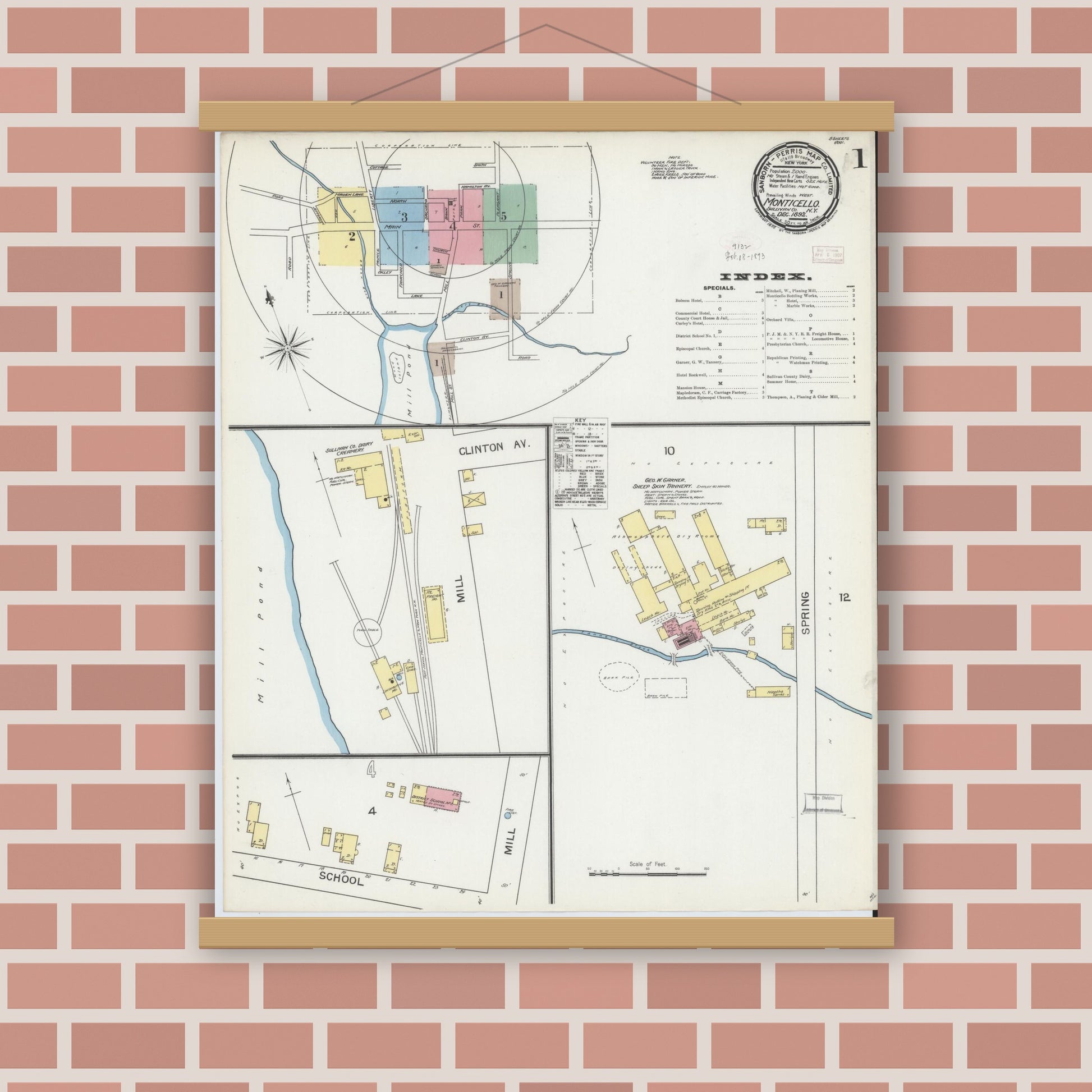 Old map wall art mockup — magnetic wood frame on brick wall — Sanborn Fire Insurance Map from Monticello, Sullivan County, New York (1892), Sheet #0001
