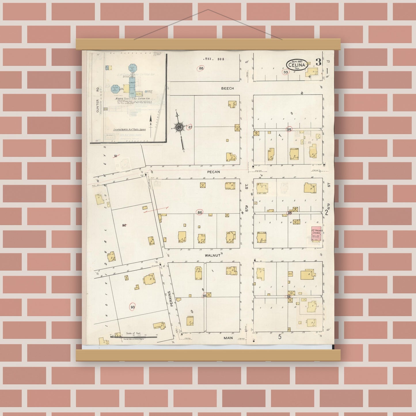 Old map wall art mockup — magnetic wood frame on brick wall — Sanborn Fire Insurance Map from Celina, Collin County, Texas (1944), Sheet #0003