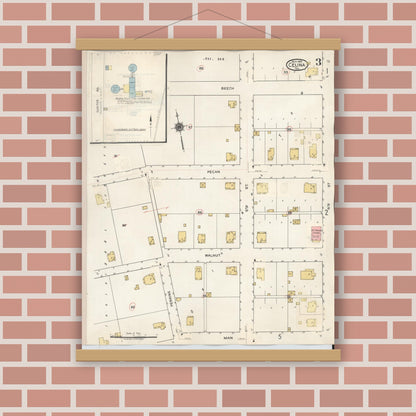 Old map wall art mockup — magnetic wood frame on brick wall — Sanborn Fire Insurance Map from Celina, Collin County, Texas (1944), Sheet #0003