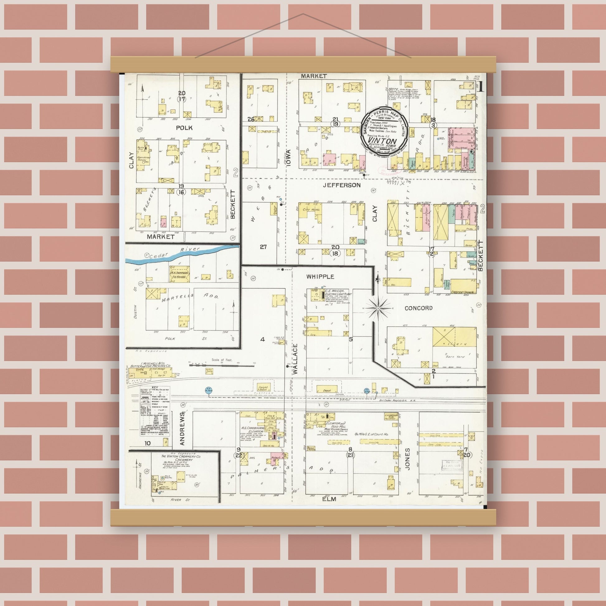 Old map wall art mockup — magnetic wood frame on brick wall — Sanborn Fire Insurance Map from Vinton, Benton County, Iowa (1892), Sheet #0001