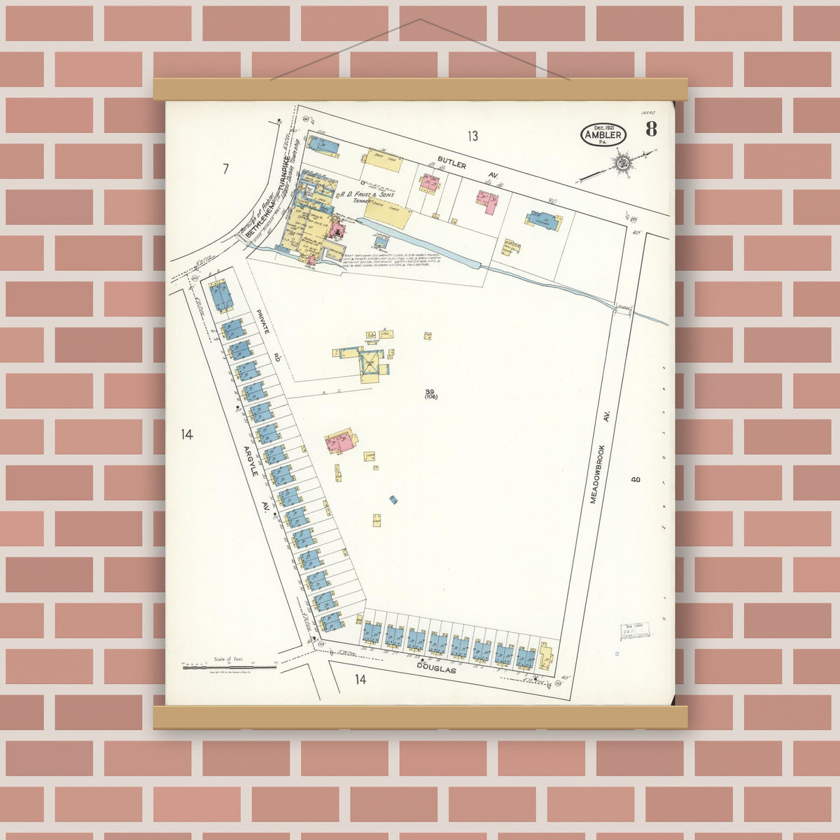 Old map wall art mockup — magnetic wood frame on brick wall — Sanborn Fire Insurance Map from Ambler, Montgomery County, Pennsylvania (1921), Sheet #0008