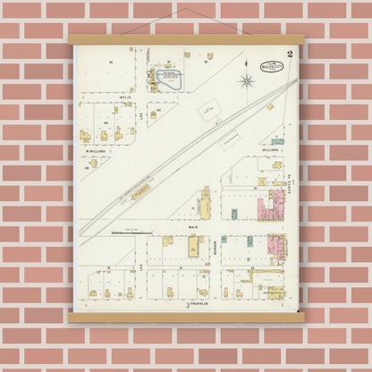 Old map wall art mockup — magnetic wood frame on brick wall — Sanborn Fire Insurance Map from Wolfe City, Hunt County, Texas (1896), Sheet #0002