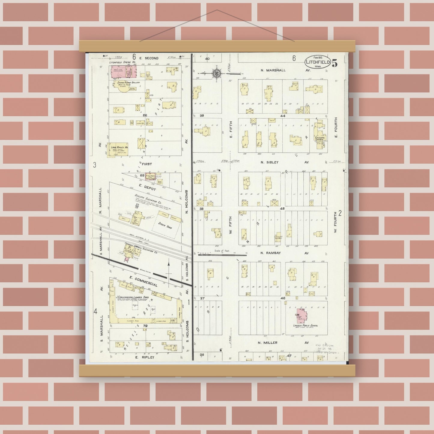Old map wall art mockup — magnetic wood frame on brick wall — Sanborn Fire Insurance Map from Litchfield, Meeker County, Minnesota (1913), Sheet #0005