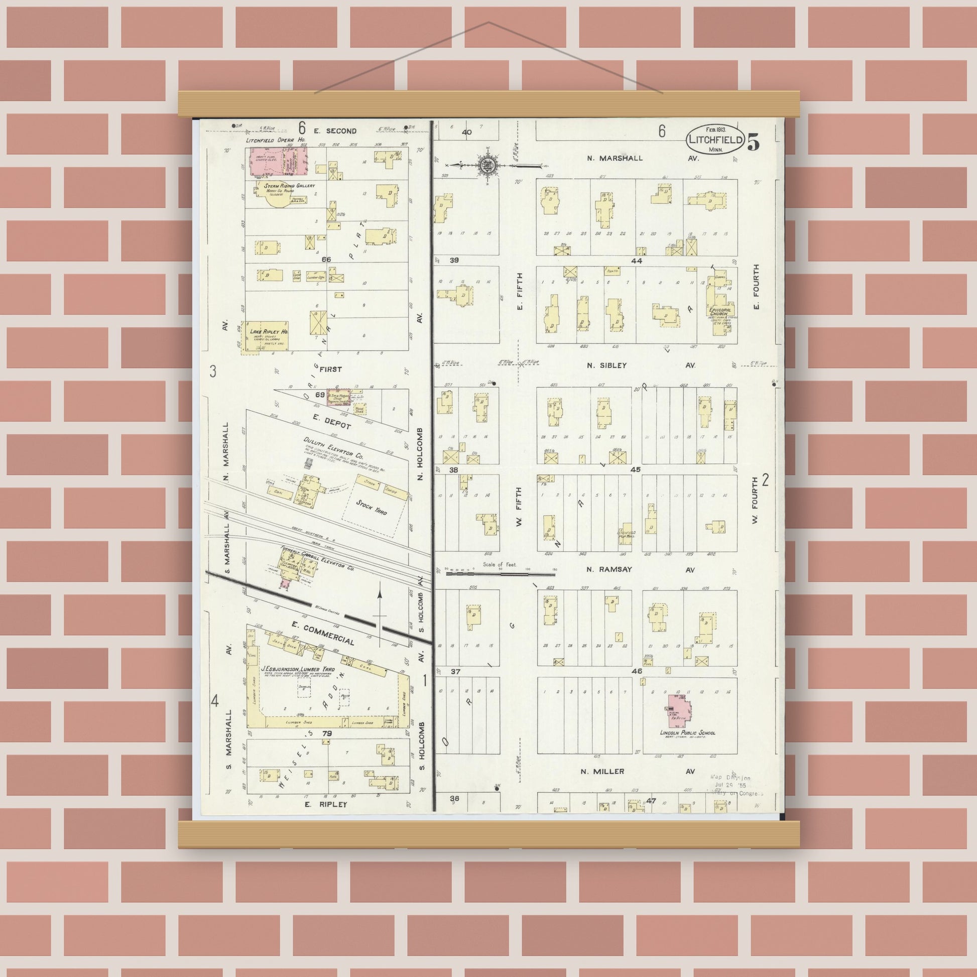 Old map wall art mockup — magnetic wood frame on brick wall — Sanborn Fire Insurance Map from Litchfield, Meeker County, Minnesota (1913), Sheet #0005