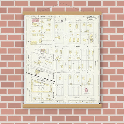 Old map wall art mockup — magnetic wood frame on brick wall — Sanborn Fire Insurance Map from Litchfield, Meeker County, Minnesota (1913), Sheet #0005