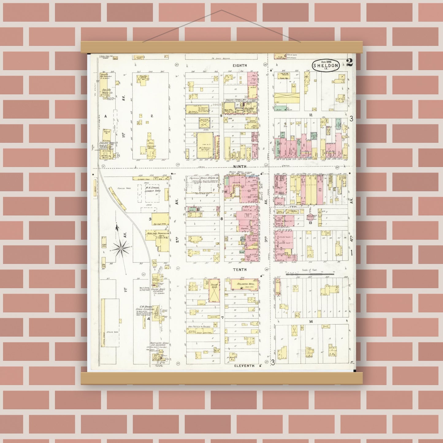 Old map wall art mockup — magnetic wood frame on brick wall — Sanborn Fire Insurance Map from Sheldon, O'Brien County, Iowa (1896), Sheet #0002