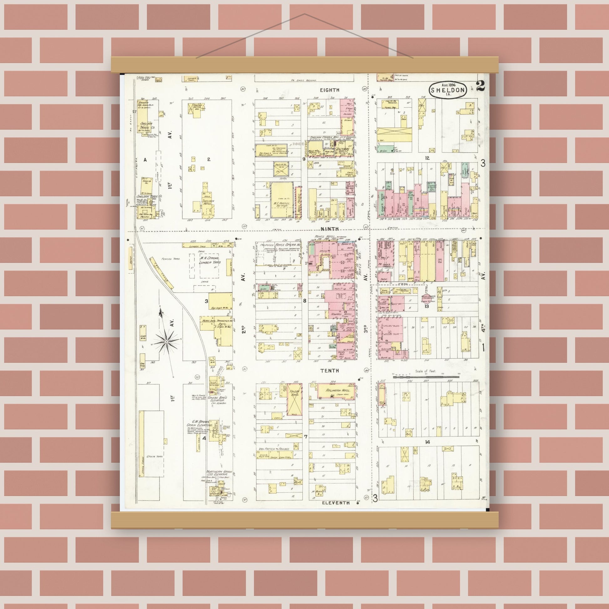Old map wall art mockup — magnetic wood frame on brick wall — Sanborn Fire Insurance Map from Sheldon, O'Brien County, Iowa (1896), Sheet #0002