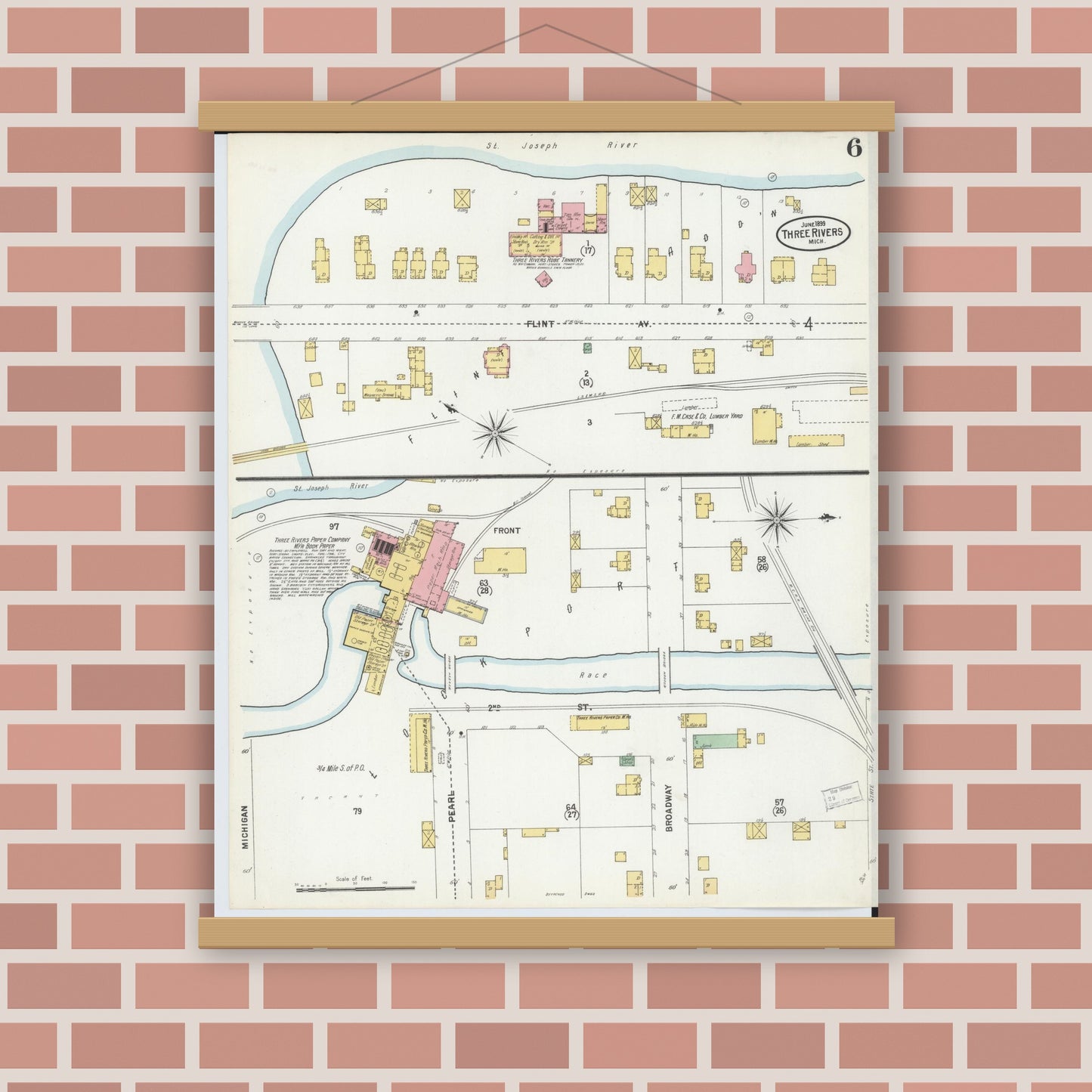 Old map wall art mockup — magnetic wood frame on brick wall — Sanborn Fire Insurance Map from Three Rivers, Saint Joseph County, Michigan (1899), Sheet #0006