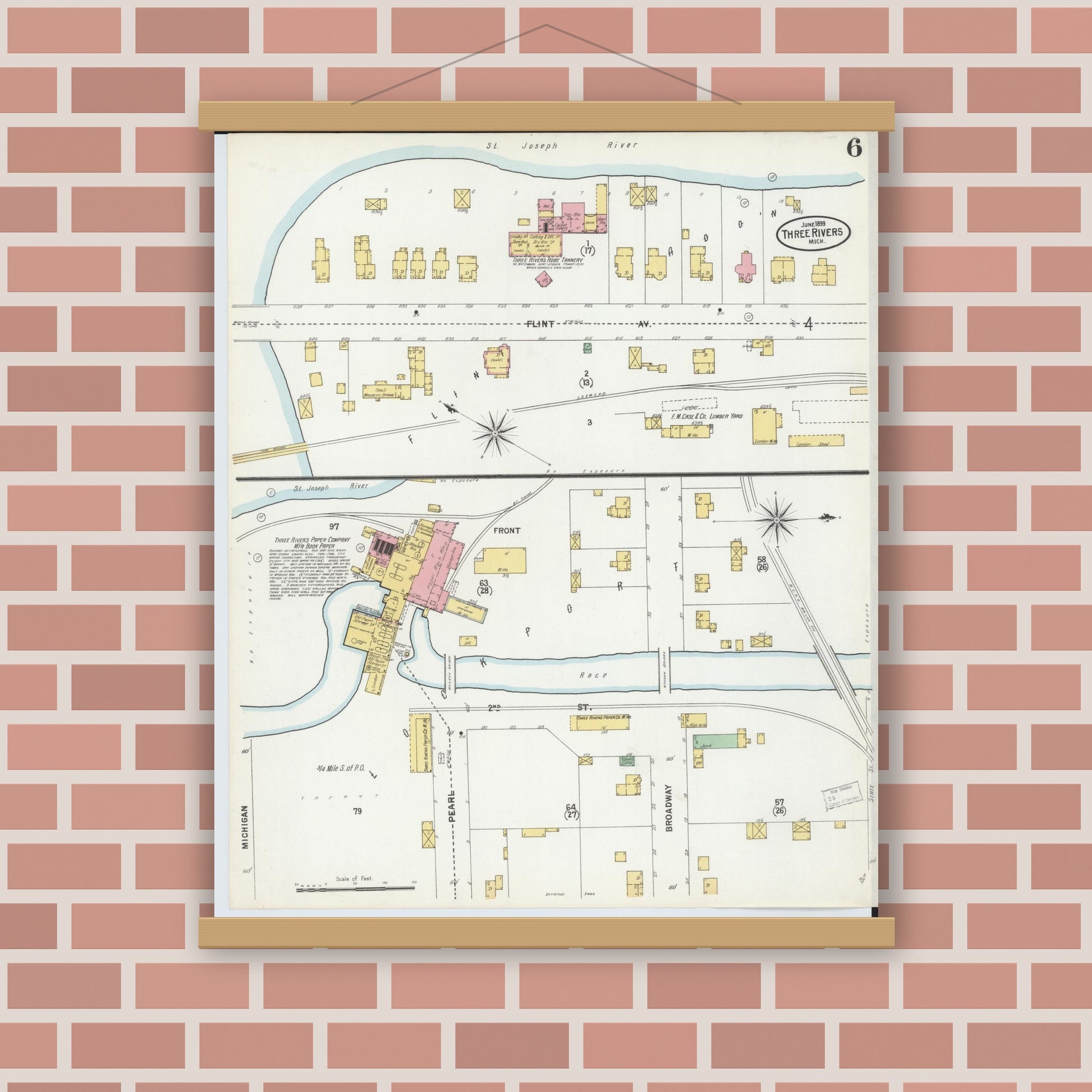 Old map wall art mockup — magnetic wood frame on brick wall — Sanborn Fire Insurance Map from Three Rivers, Saint Joseph County, Michigan (1899), Sheet #0006