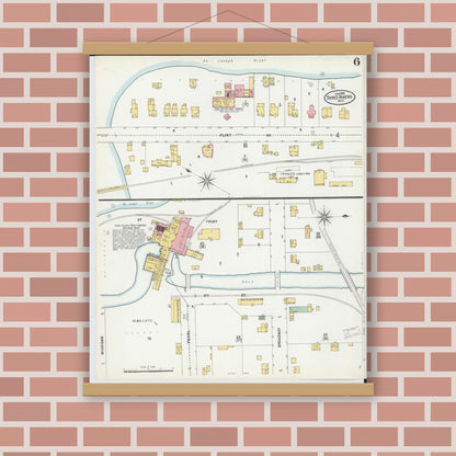 Old map wall art mockup — magnetic wood frame on brick wall — Sanborn Fire Insurance Map from Three Rivers, Saint Joseph County, Michigan (1899), Sheet #0006