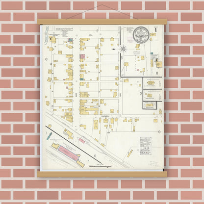 Old map wall art mockup — magnetic wood frame on brick wall — Sanborn Fire Insurance Map from Pleasant City, Guernsey County, Ohio (1905) - Complete Map Set