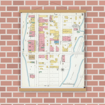 Old map wall art mockup — magnetic wood frame on brick wall — Sanborn Fire Insurance Map from Traverse City, Grand Traverse County, Michigan (1904), Sheet #0002