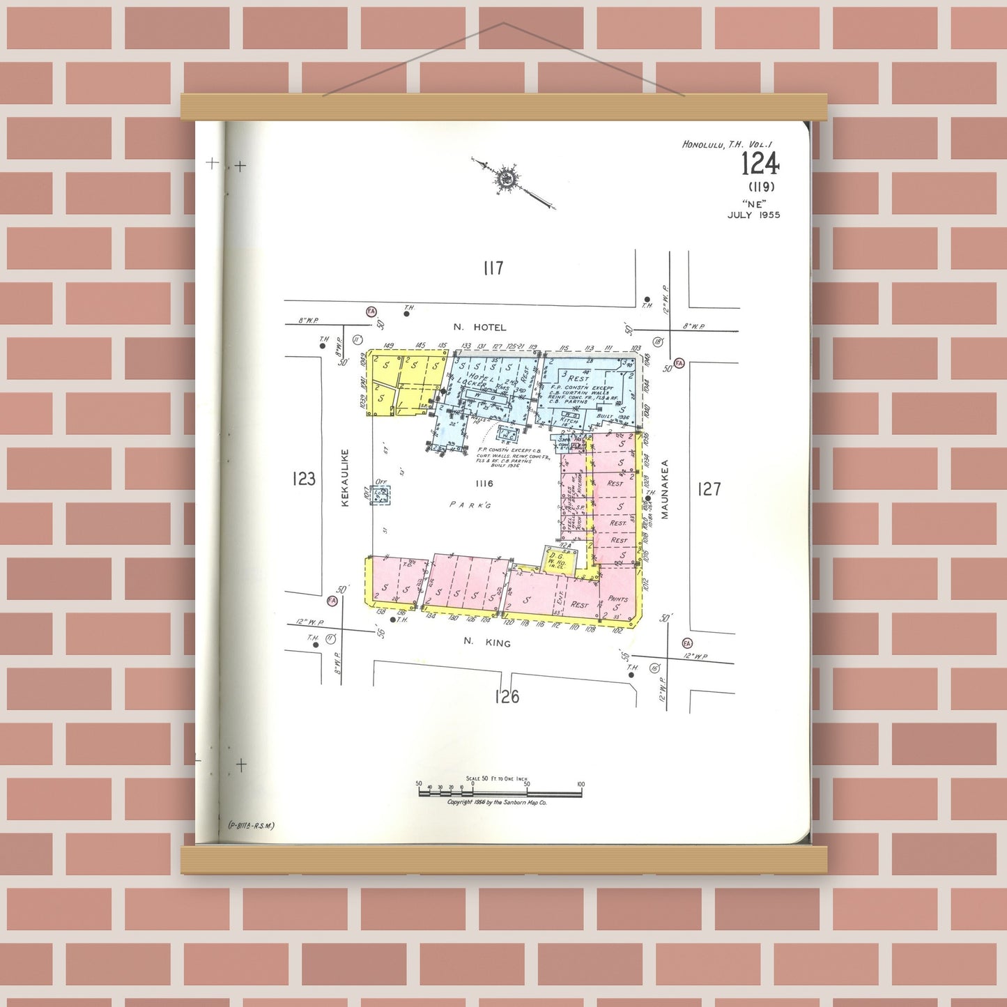 Old map wall art mockup — magnetic wood frame on brick wall — Sanborn Fire Insurance Map from Honolulu, Oahu County, Hawaii (1955), Sheet #0124