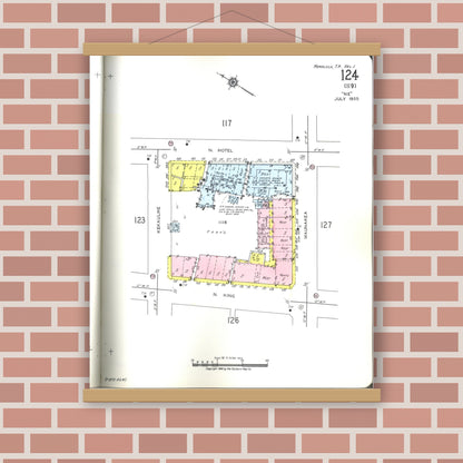 Old map wall art mockup — magnetic wood frame on brick wall — Sanborn Fire Insurance Map from Honolulu, Oahu County, Hawaii (1955), Sheet #0124