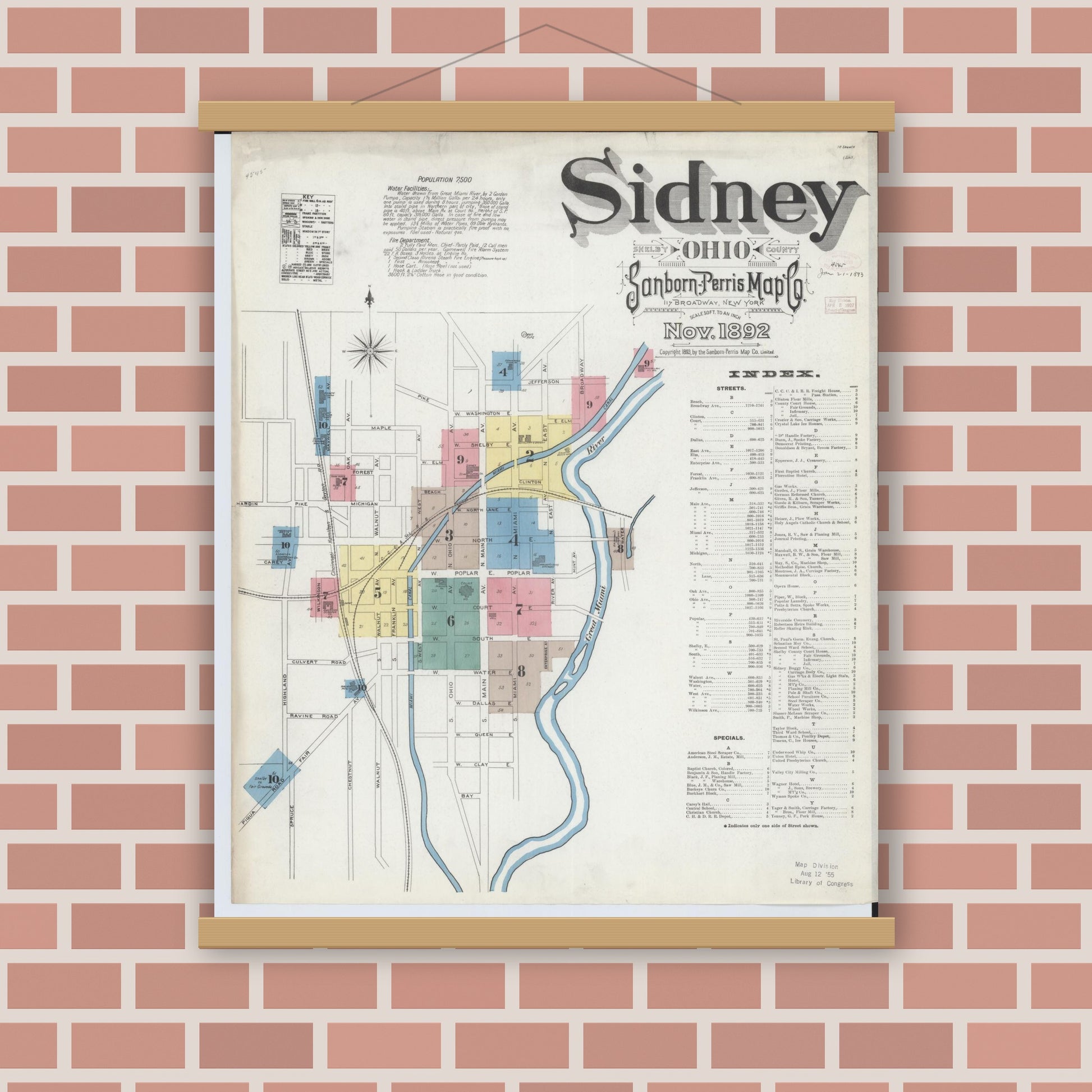 Old map wall art mockup — magnetic wood frame on brick wall — Sanborn Fire Insurance Map from Sidney, Shelby County, Ohio (1892) - Complete Map Set