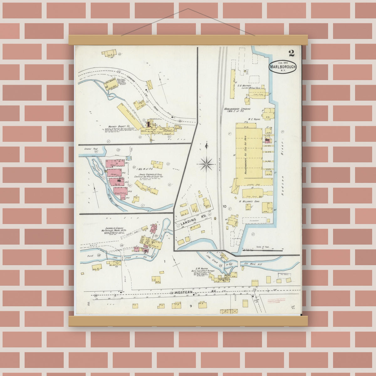 Old map wall art mockup — magnetic wood frame on brick wall — Sanborn Fire Insurance Map from Marlborough, Ulster County, New York (1895), Sheet #0002
