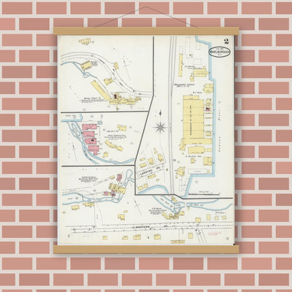 Old map wall art mockup — magnetic wood frame on brick wall — Sanborn Fire Insurance Map from Marlborough, Ulster County, New York (1895), Sheet #0002
