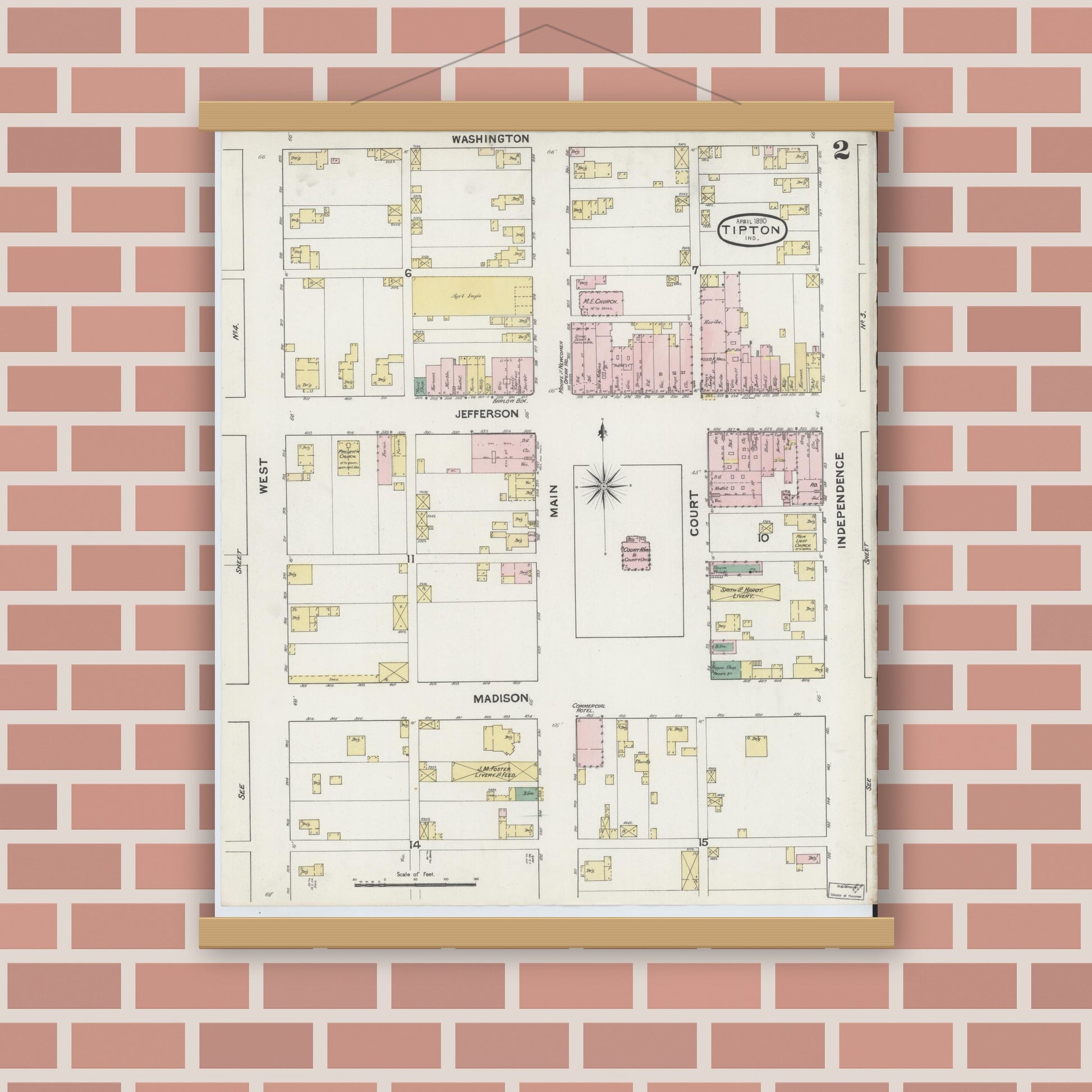 Old map wall art mockup — magnetic wood frame on brick wall — Sanborn Fire Insurance Map from Tipton, Tipton County, Indiana (1890), Sheet #0002